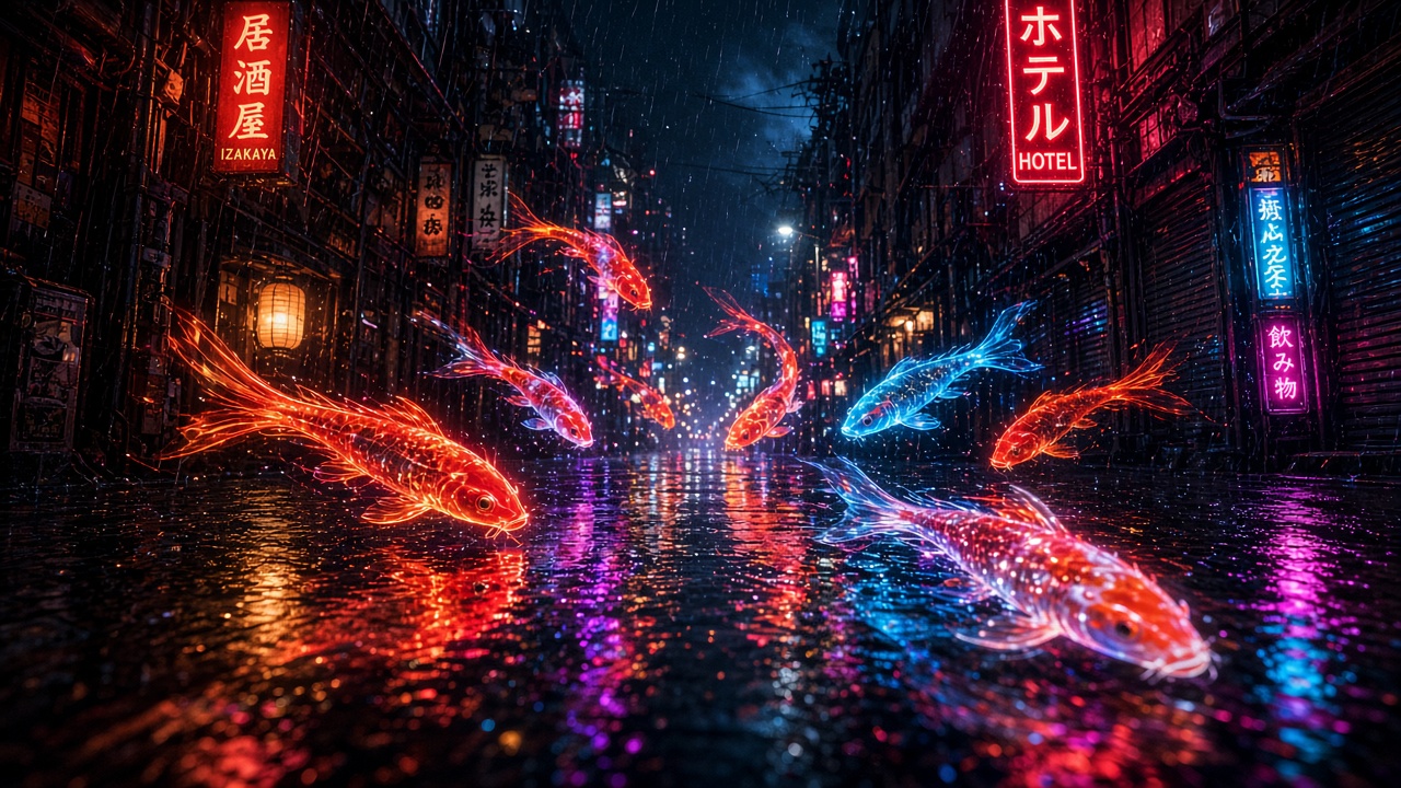 雨の鯉ネオン