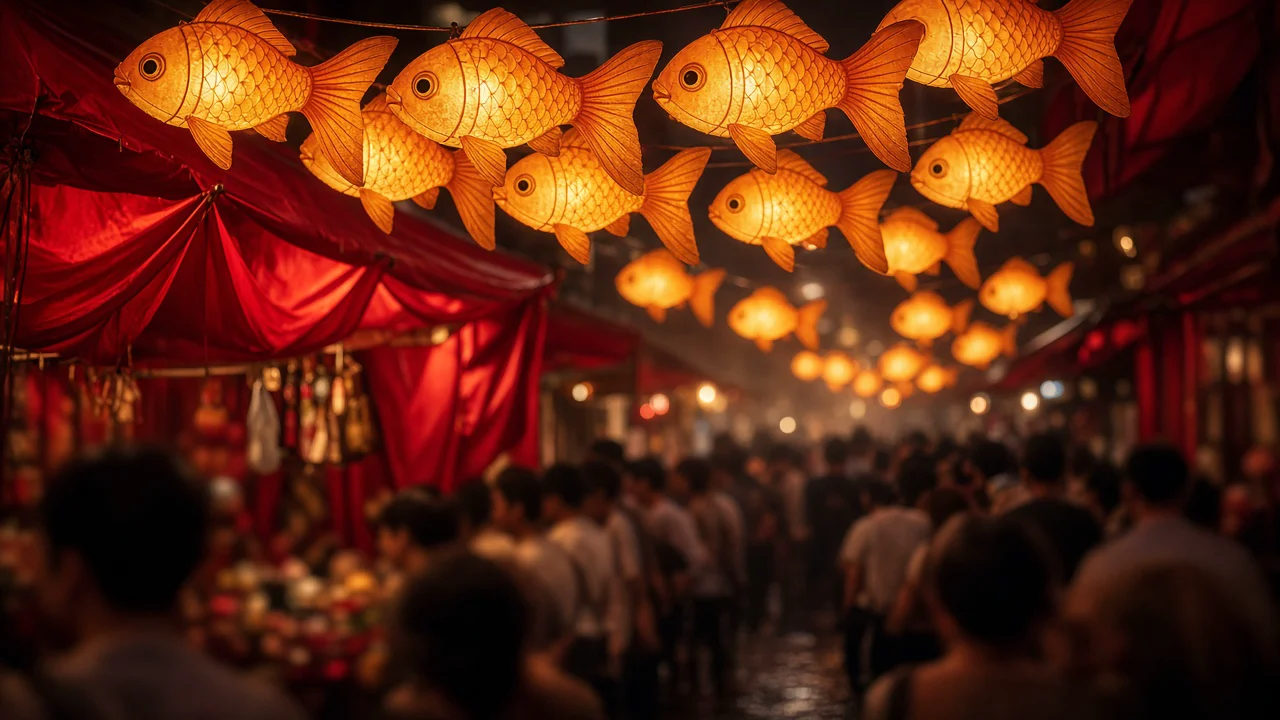 夜市の金魚提灯