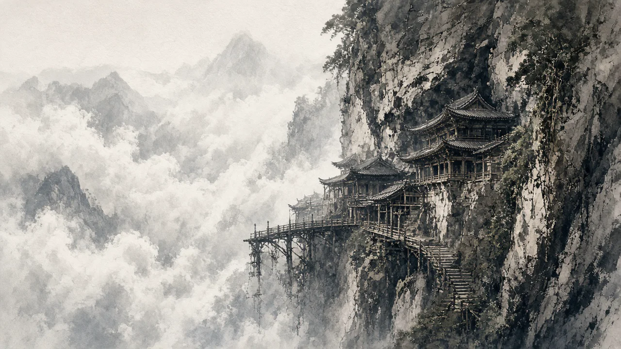 峡谷の吊り下げ寺院