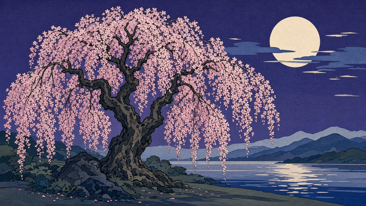 浮世絵風の夜桜と月