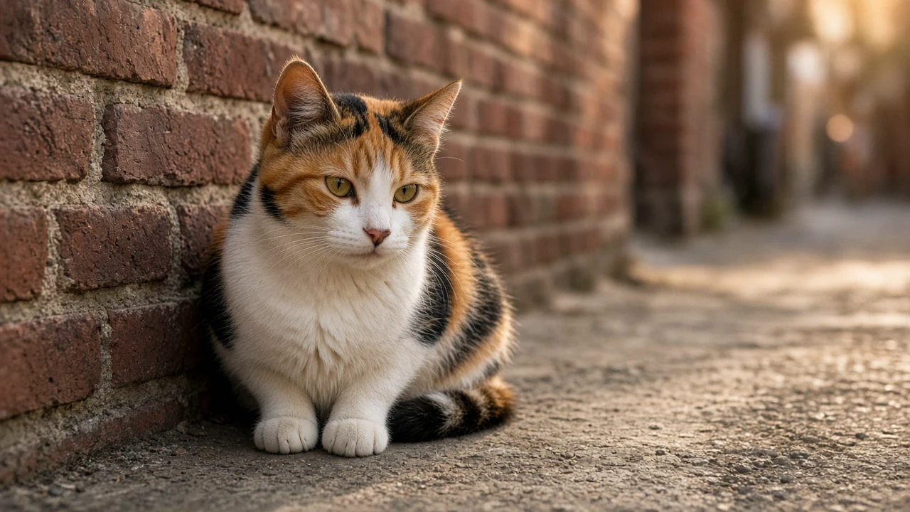 レンガ路地の三毛猫