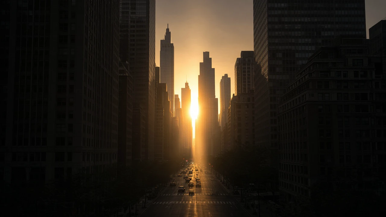 ビルの谷間の夕日