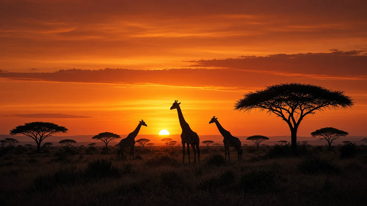 サバンナの夕景とキリン