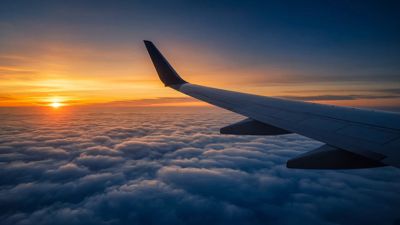 雲を抜ける飛行機の翼