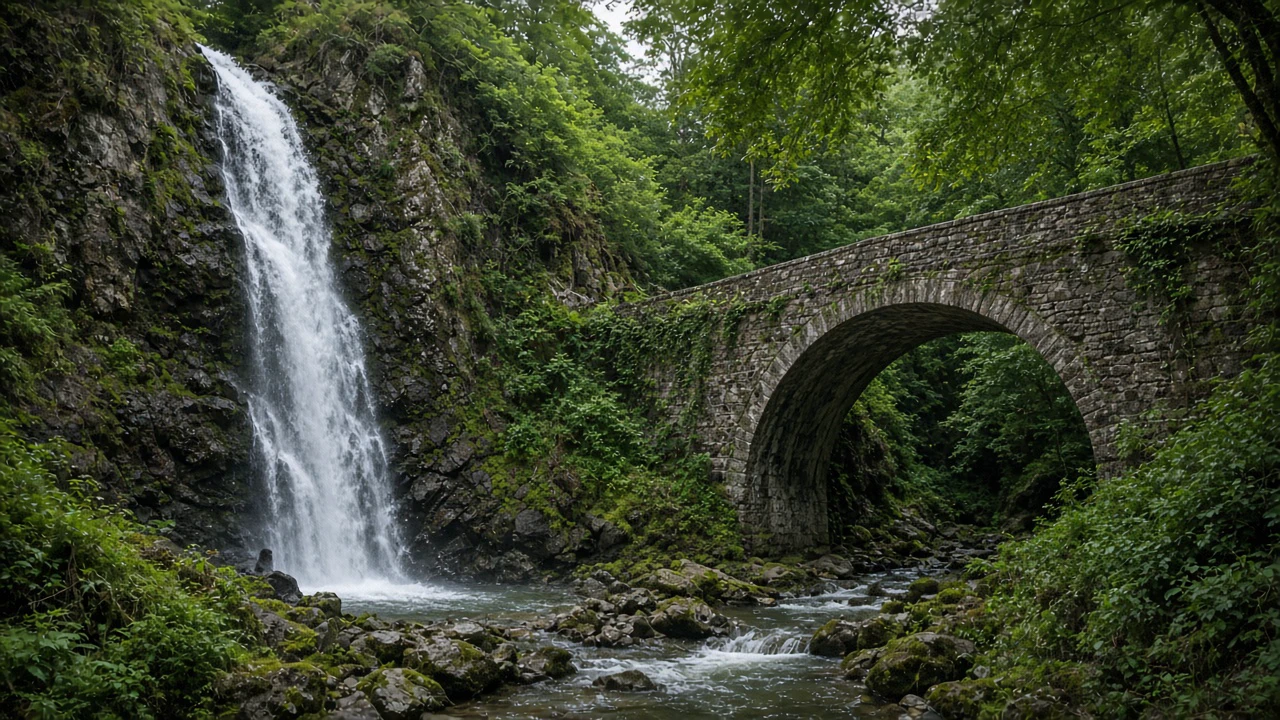 石橋のある渓谷の滝