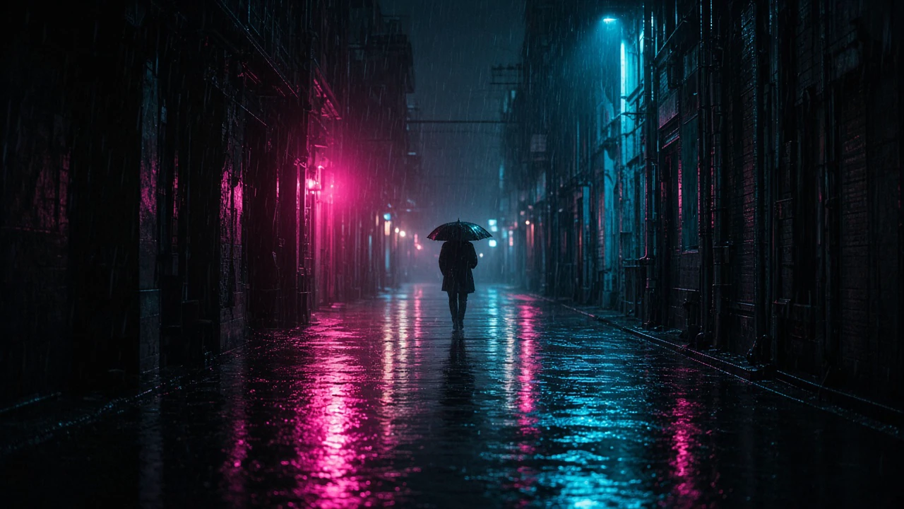 ネオン管の雨の路地