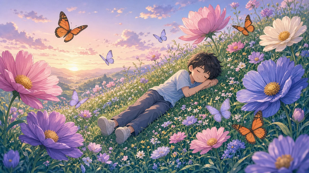 花に囲まれた眠る少年