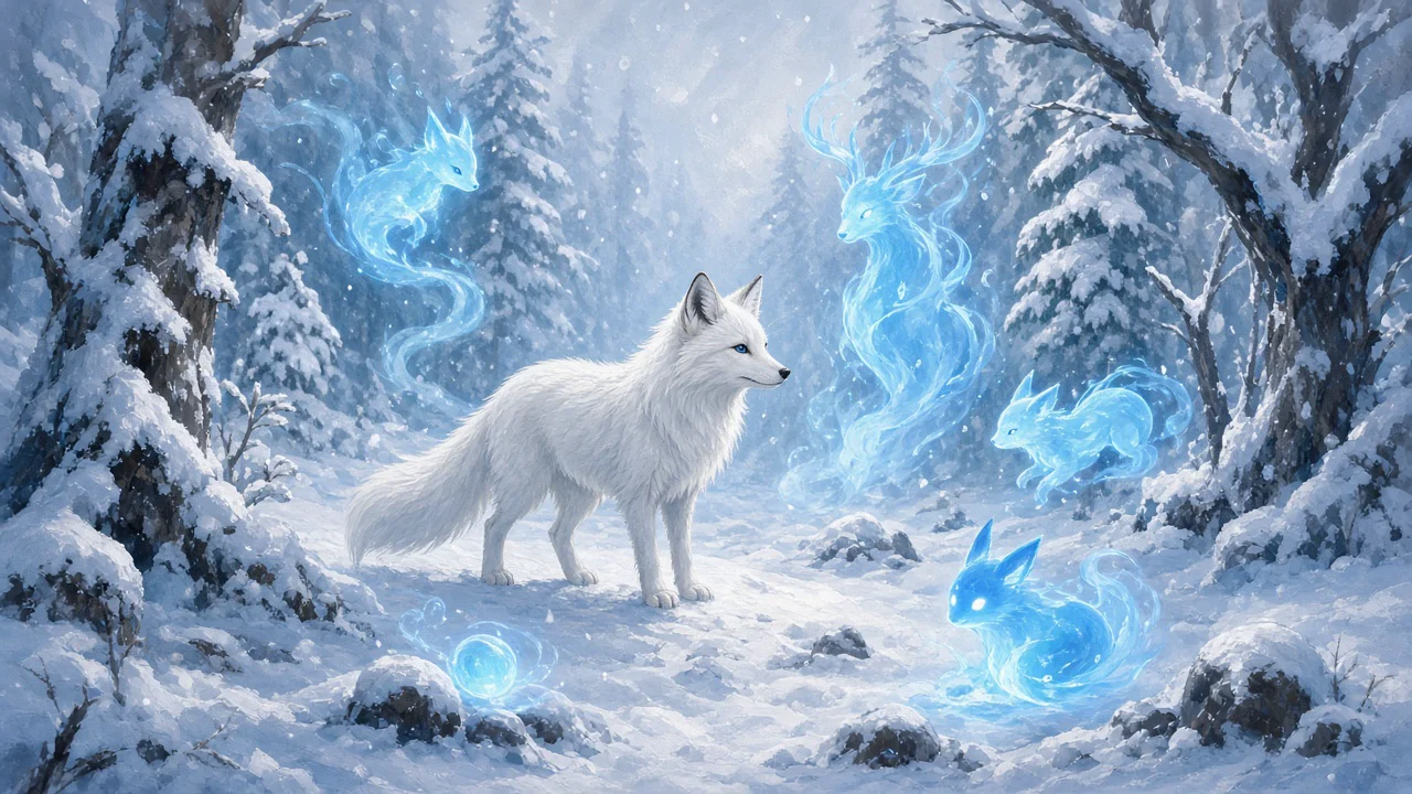 雪の森の白いキツネ