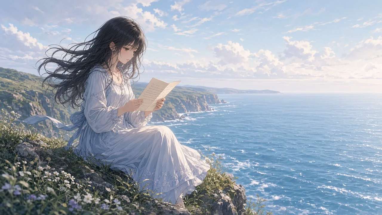 海辺で手紙を読む少女